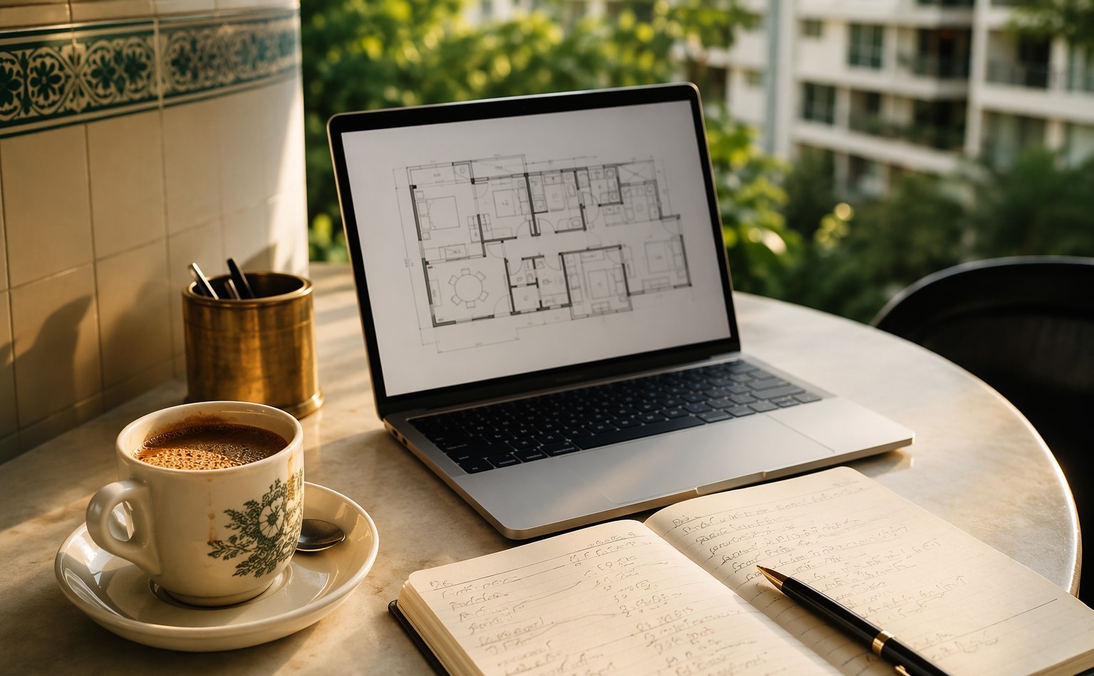 A property agent's work table over coffee: kopi cup, laptop open on a condominium floor plan, and a notebook of figures