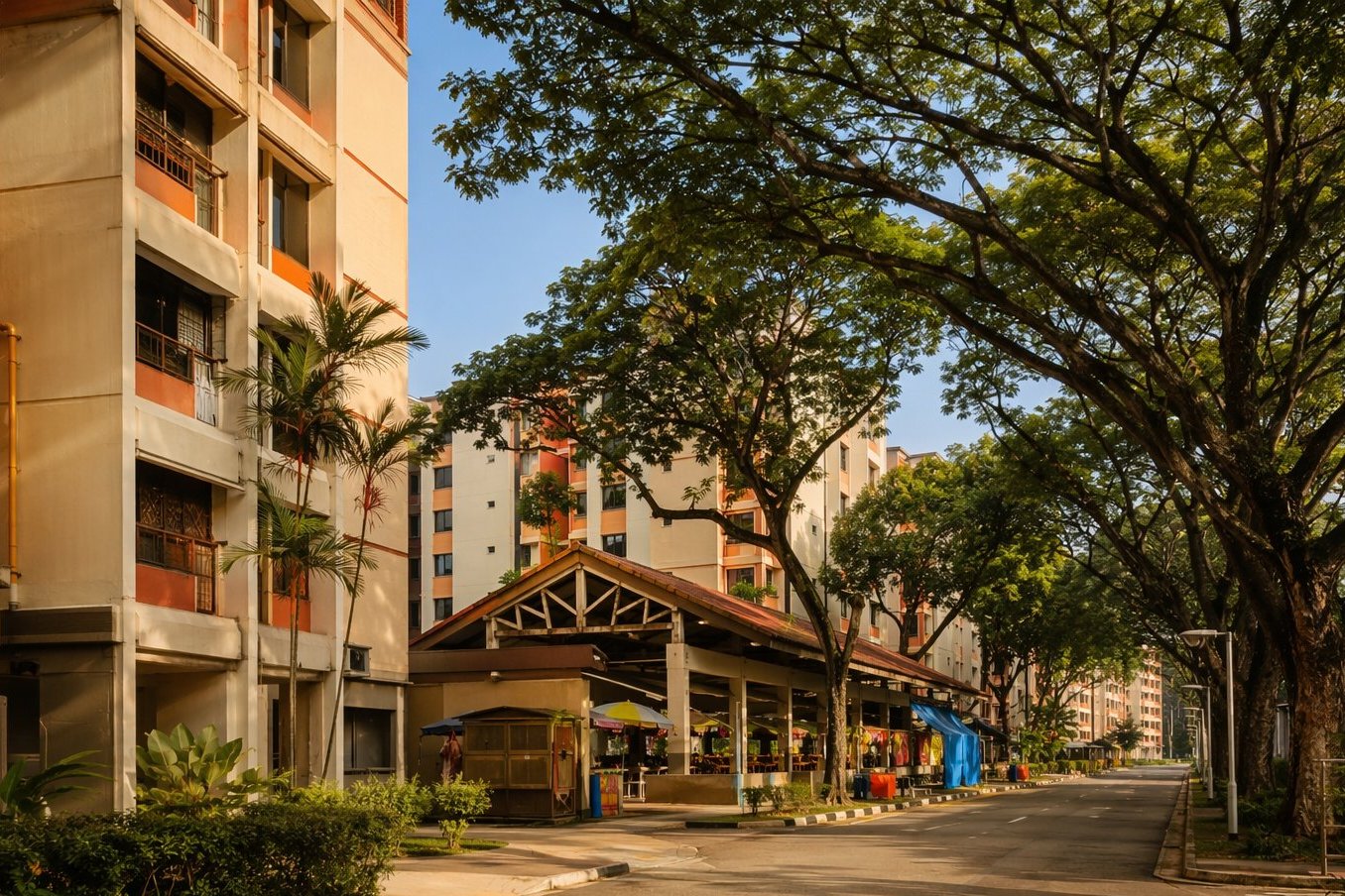 Artist's impression of a mature Hougang HDB estate with a neighbourhood hawker centre pavilion and rain trees