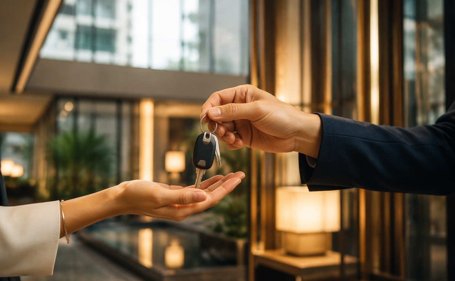 Illustrative photo: keys changing hands at a modern condominium lobby — full story in preparation