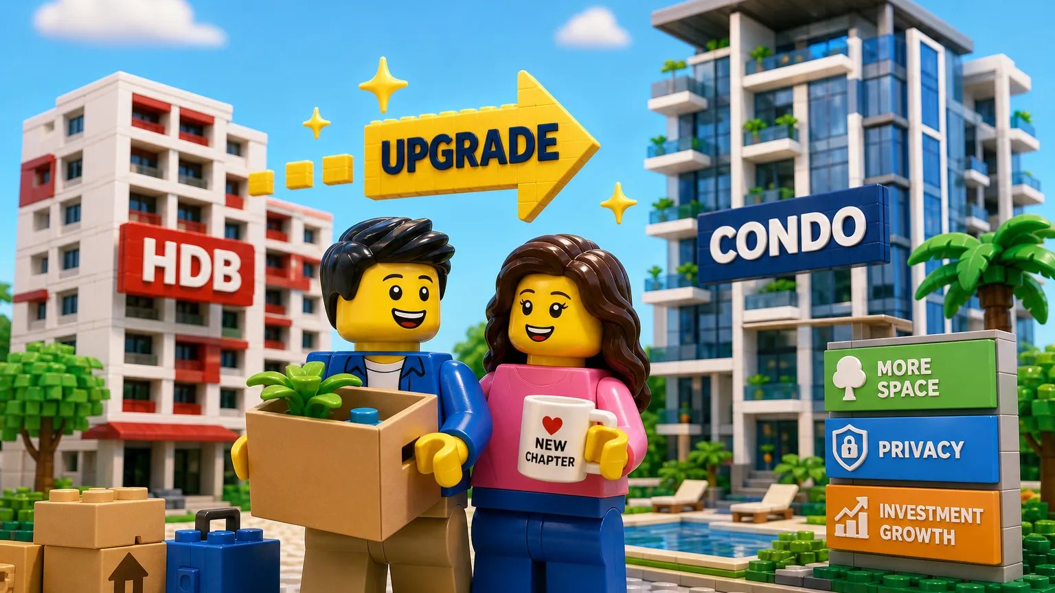 Toy-brick illustration: a couple carrying a moving box stand between an HDB block and a private condominium, under an arrow reading Upgrade