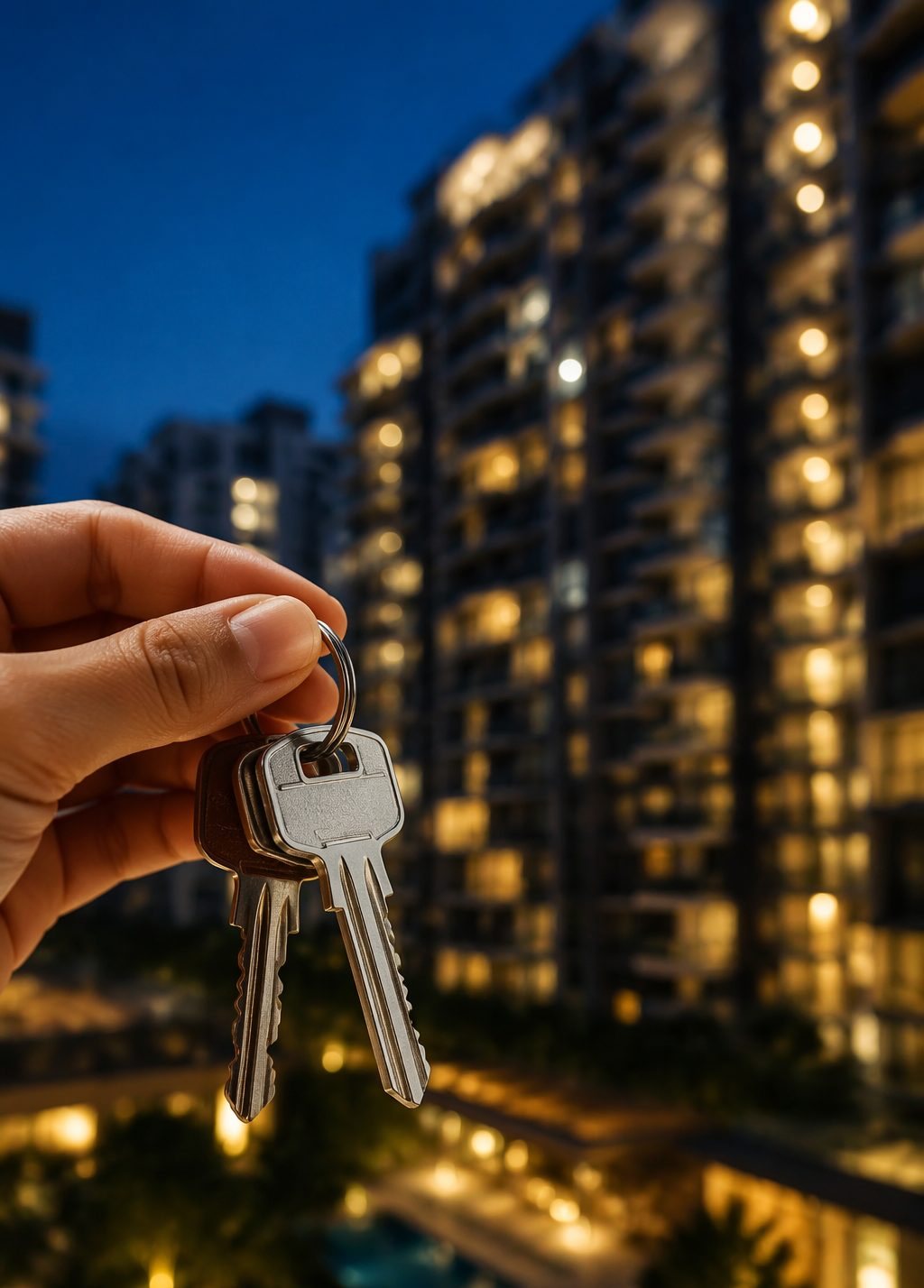 House keys held in hand with warm bokeh lights — the moment of collecting keys to a new home