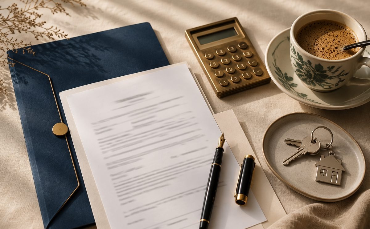 Property guides, floor plans and documents laid out on a desk