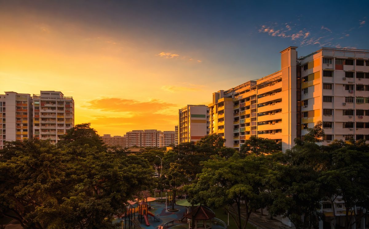 HDB resale flat blocks at sunset in a mature Singapore estate