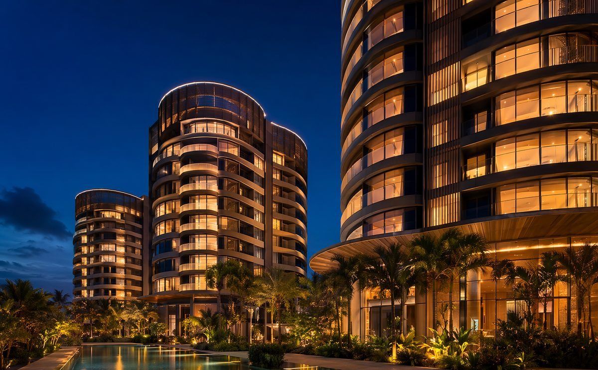 New launch condominium towers at blue hour in Singapore