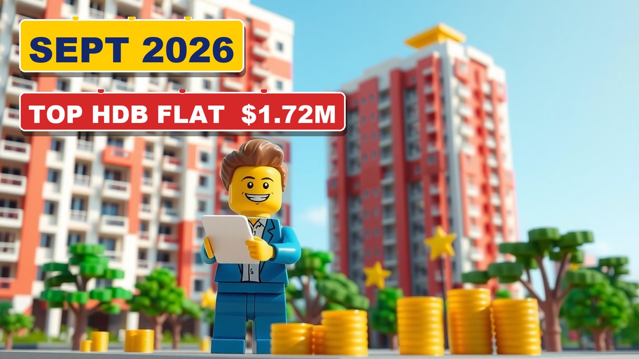Toy-brick illustration of an agent with a clipboard in front of HDB apartment blocks with a gold-topped tower and stacks of gold coins, with signs reading Sept 2026 and Top HDB flat 1.72 million dollars