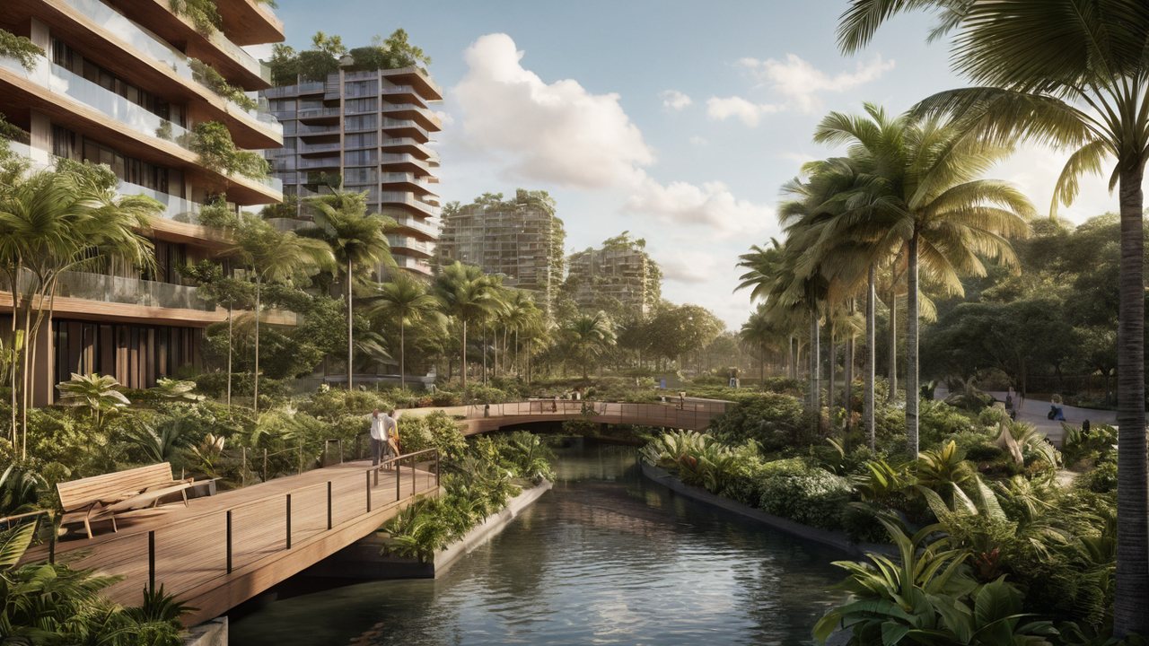 Artist&rsquo;s impression of a landscaped public park deck bridging a canal in a tropical mixed-use precinct, with planted residential terraces behind — an illustration of the kind of precinct Marina Square is due to become by 2031, not the approved design
