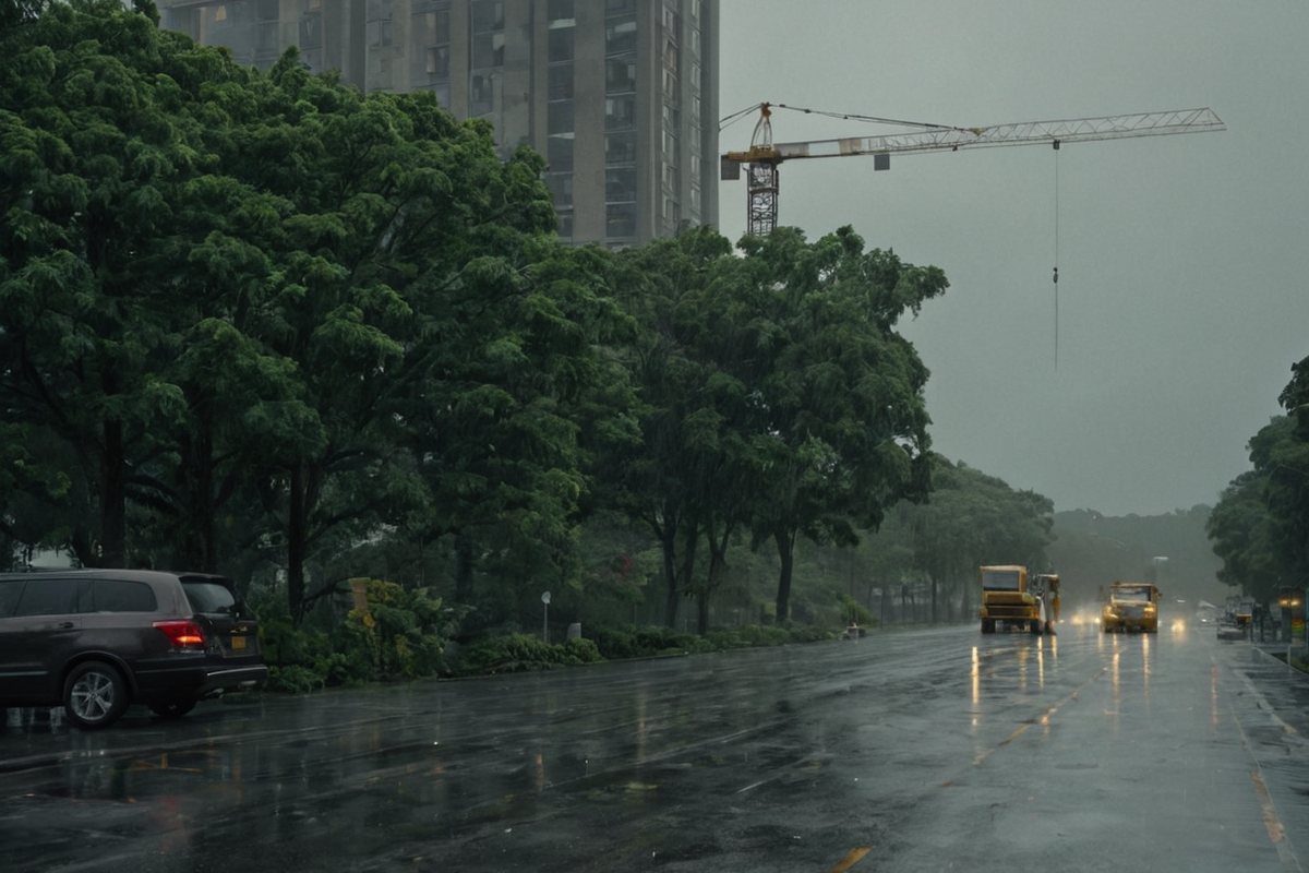 Artist&rsquo;s impression of a rain-soaked city boulevard beside a construction site, a tower crane rising behind the trees and an occupied tower still lit in the background, illustrating the four-year building period from 2027 to 2031