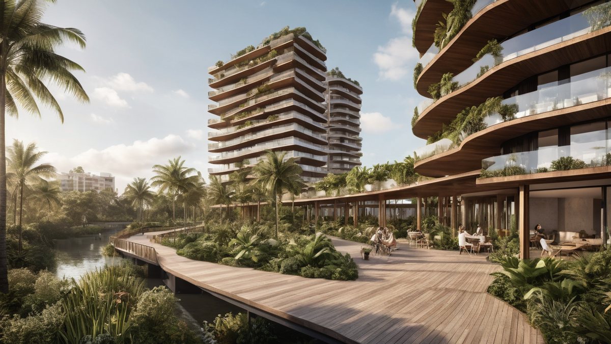 Artist&rsquo;s impression of a slender residential tower with planted sky terraces above a landscaped timber deck where people sit at tables, illustrating the mix of homes, greenery and public space planned for the Marina Square site