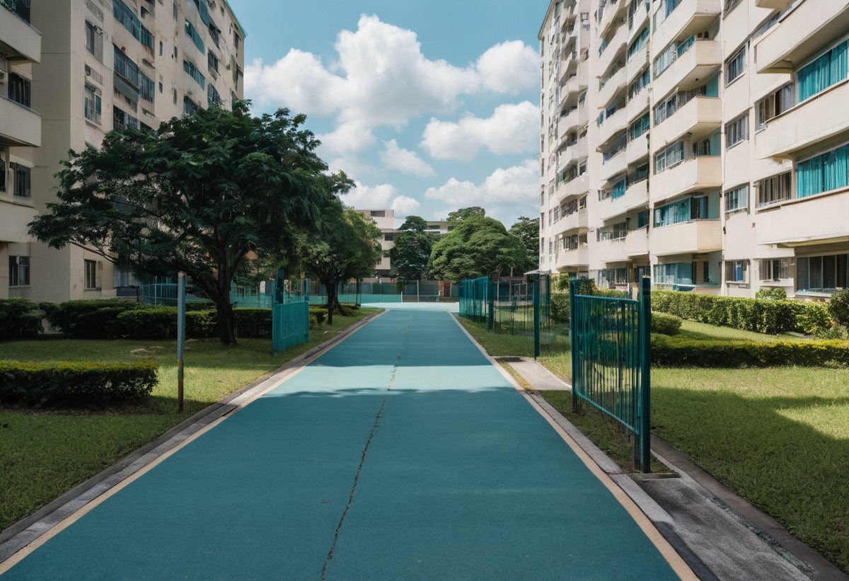Illustration of a mature public housing estate on a bright morning, well-kept apartment blocks with teal railings either side of a walkway, mature rain trees and clipped hedges &mdash; the kind of established estate that supplies the upgrader demand this site is priced against