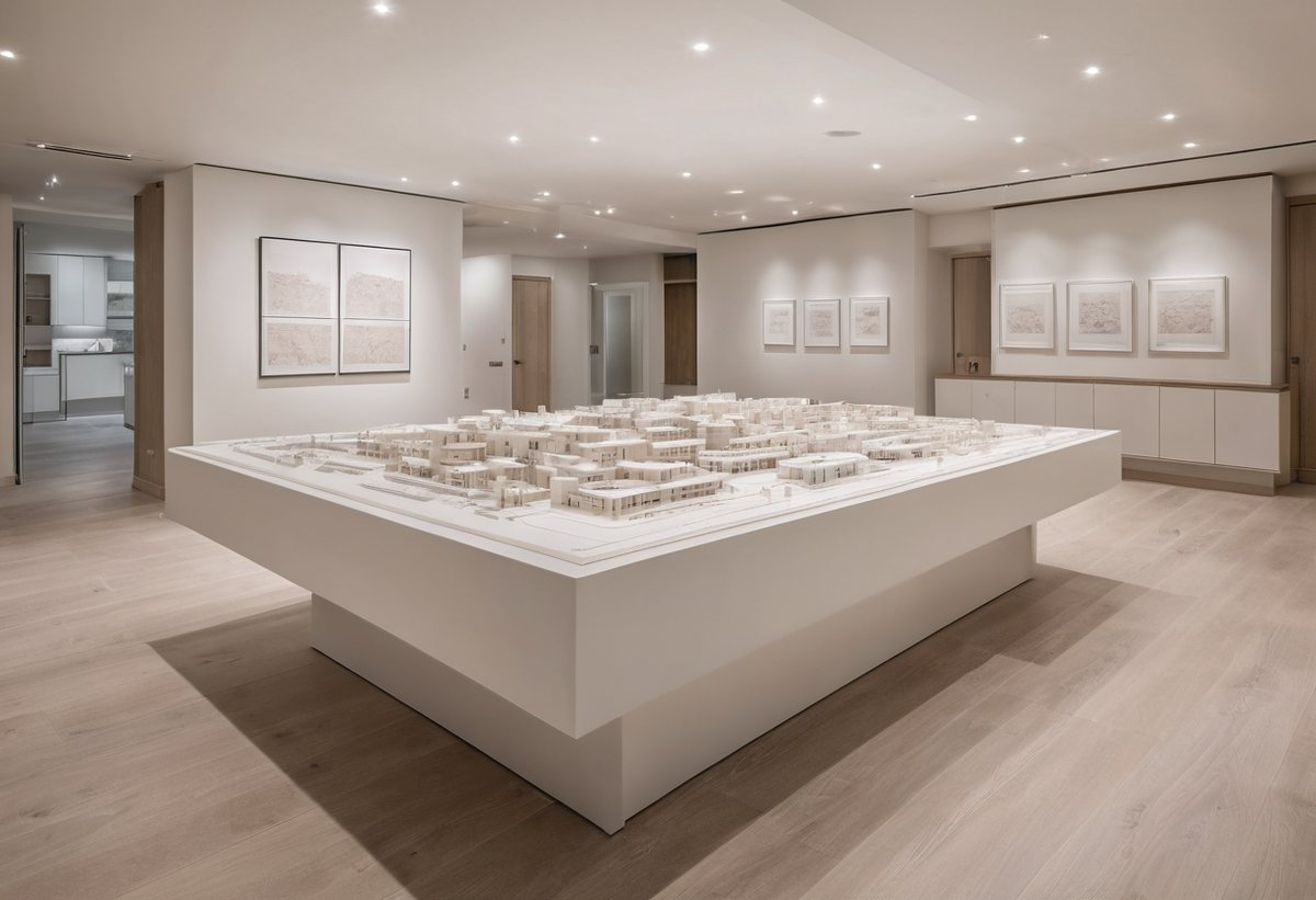 Illustration of an empty property sales gallery with a large white architectural scale model of a condominium lit under spotlights and framed floor plans on the wall behind &mdash; the room where the price list eventually gets published