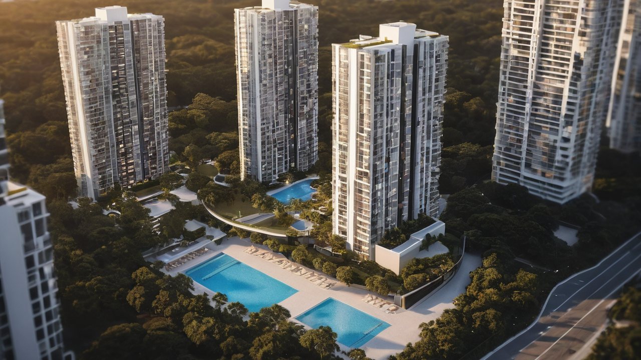 Illustration of a large tropical condominium of several twenty-storey towers set around a landscaped podium with lap pools, seen from the air at golden hour &mdash; the scale a 1,010-home development at a plot ratio of 2.8 typically takes
