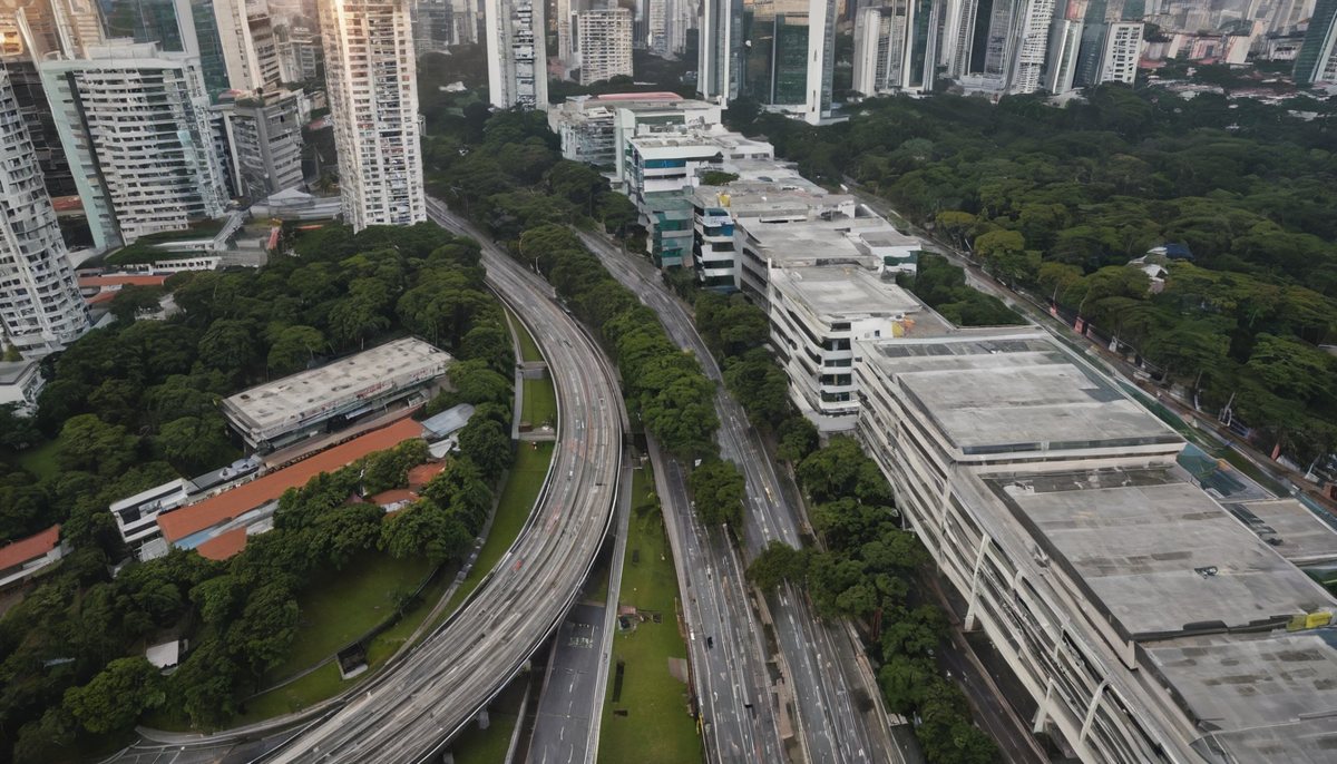 Aerial illustration of a mature high-density district with an elevated rail line, a bus interchange, a large mall roof and apartment blocks among mature trees &mdash; the kind of already-built transport and retail setting this site sits in