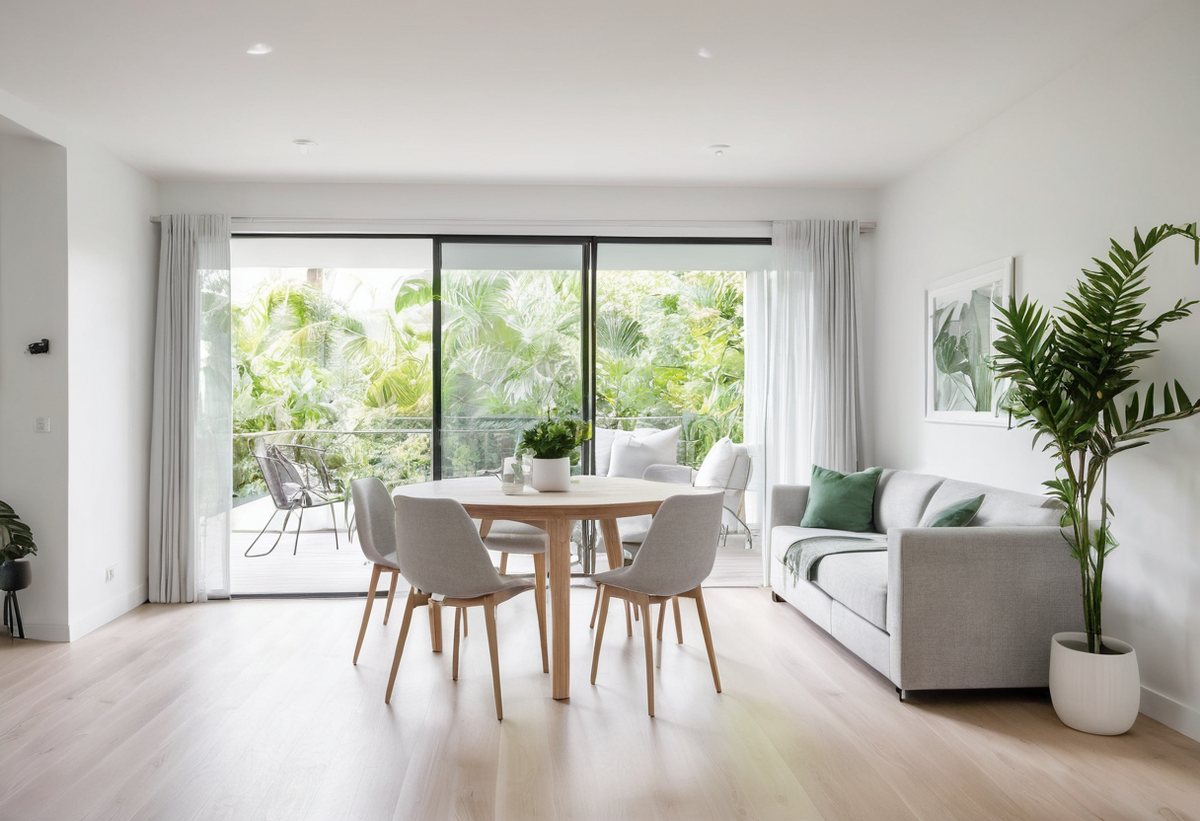 Illustration of a compact bright show apartment living and dining area with pale timber flooring, a grey sofa, a round dining table for four and full-height glass doors to a planted balcony &mdash; the scale of a two-bedroom home of roughly 650 square feet