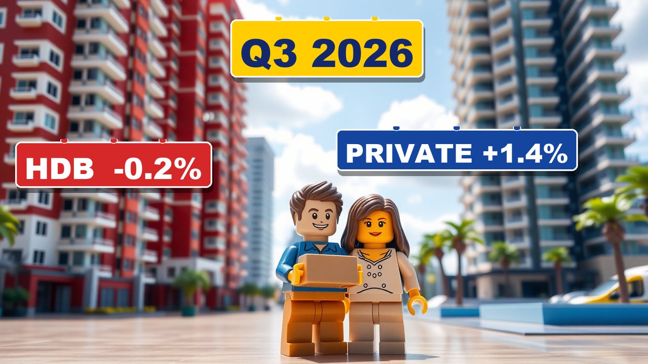 Toy-brick illustration of a couple holding a moving box between a red public housing block and a glass condominium tower, with signs reading Q3 2026, HDB minus 0.2 percent and Private plus 1.4 percent