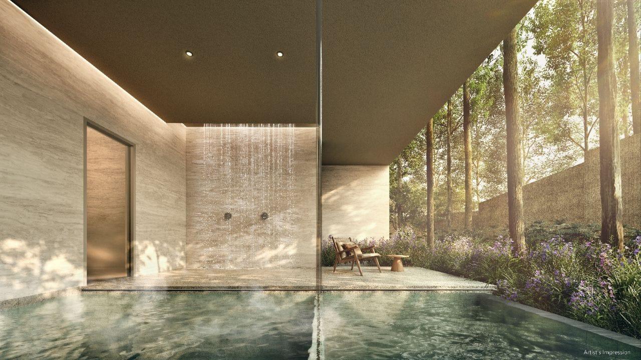 Thermal bath and outdoor bath at Amberwood at Holland, a stone-lined pool under a deep soffit with a rain shower wall and planting beyond