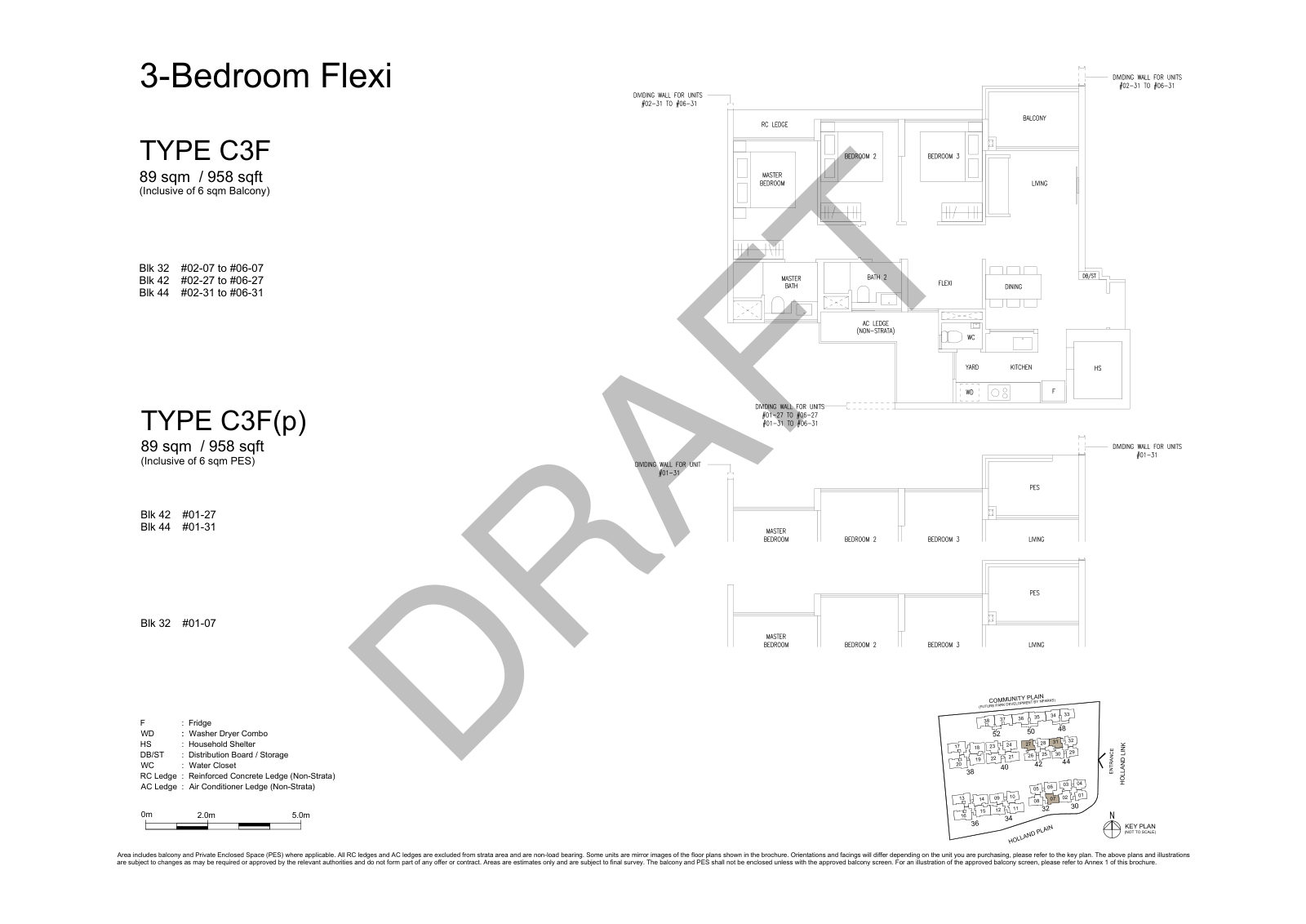 Amberwood at Holland 3-Bedroom Flexi Type C3F floor plan, 958 sq ft (89 sqm), 18 units in Blk 32, 42 and 44, with key plan