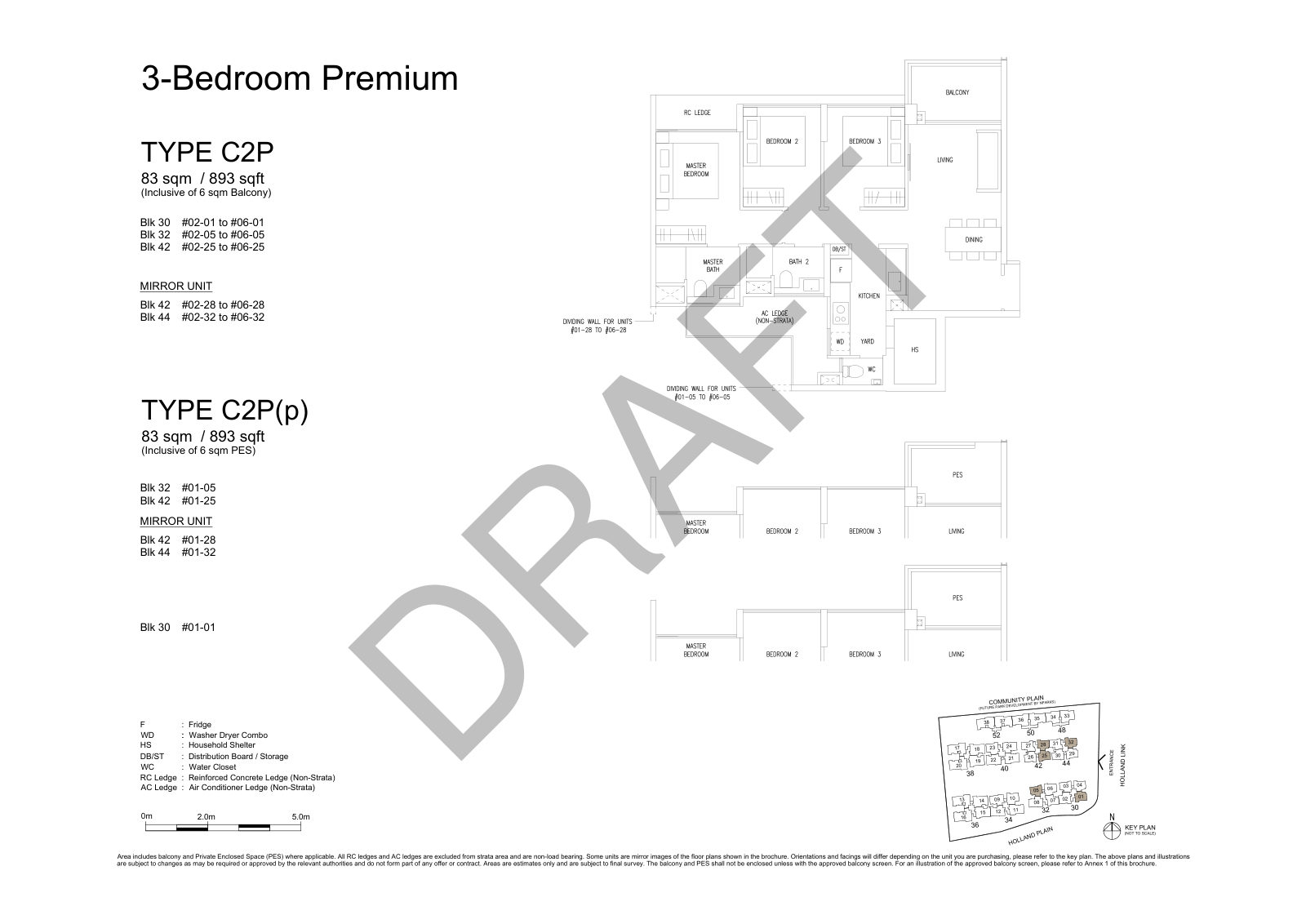 Amberwood at Holland 3-Bedroom Premium Type C2P floor plan, 893 sq ft (83 sqm), 30 units in Blk 30, 32, 42 and 44, with key plan