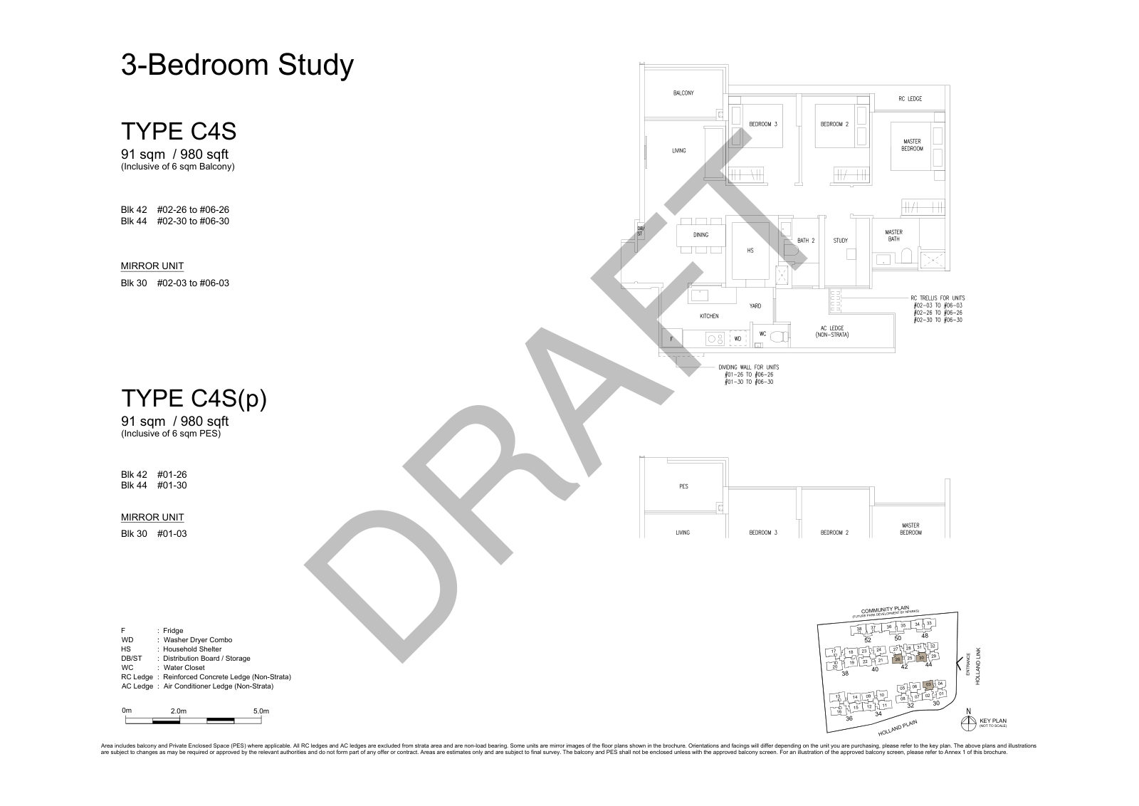 Amberwood at Holland 3-Bedroom Study Type C4S floor plan, 980 sq ft (91 sqm), 18 units in Blk 30, 42 and 44, with key plan