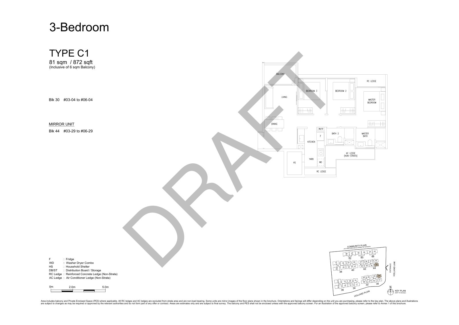 Amberwood at Holland 3-Bedroom Type C1 floor plan, 872 sq ft (81 sqm), 8 units in Blk 30 and 44, with key plan