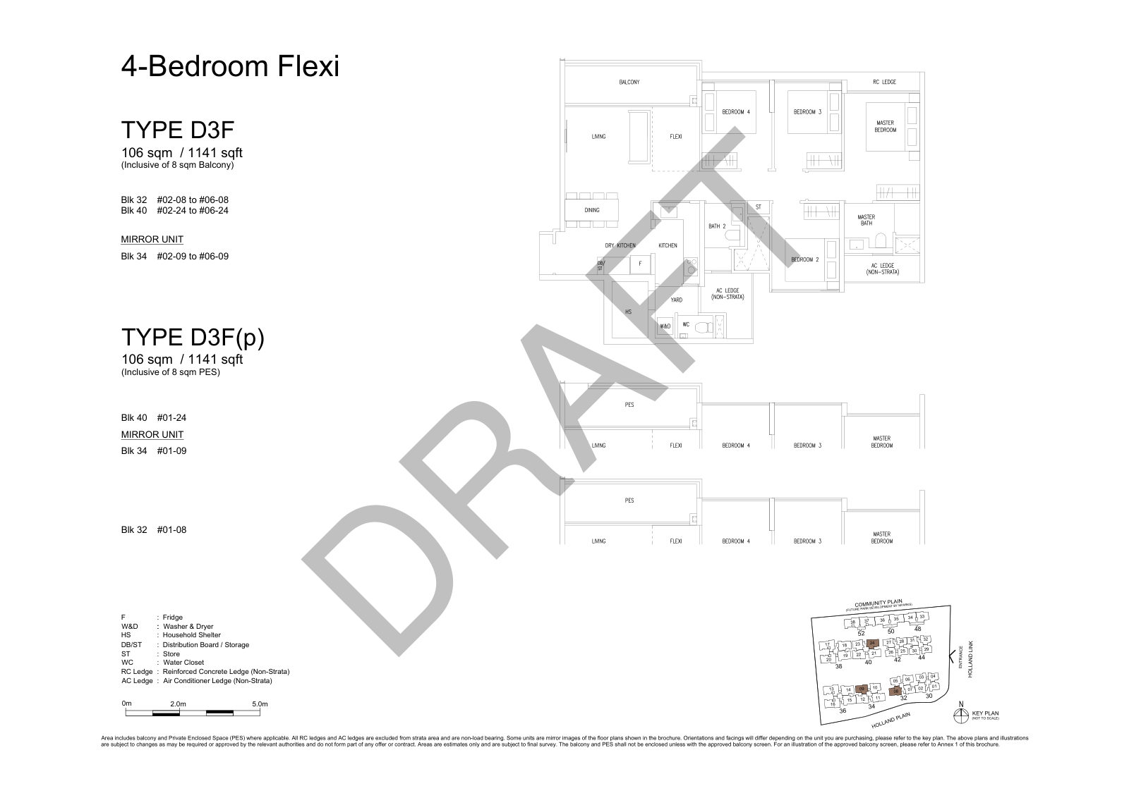 Amberwood at Holland 4-Bedroom Flexi Type D3F floor plan, 1,141 sq ft (106 sqm), 18 units in Blk 32, 34 and 40, with key plan