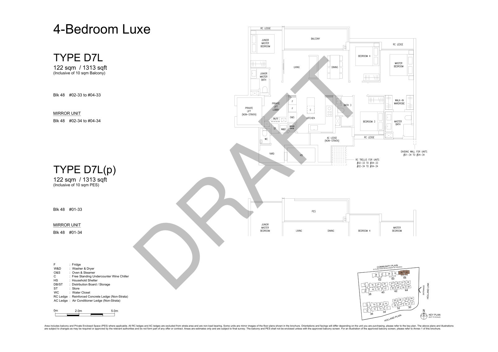 Amberwood at Holland 4-Bedroom Luxe Type D7L floor plan, 1,313 sq ft (122 sqm), 8 units in Blk 48, with key plan