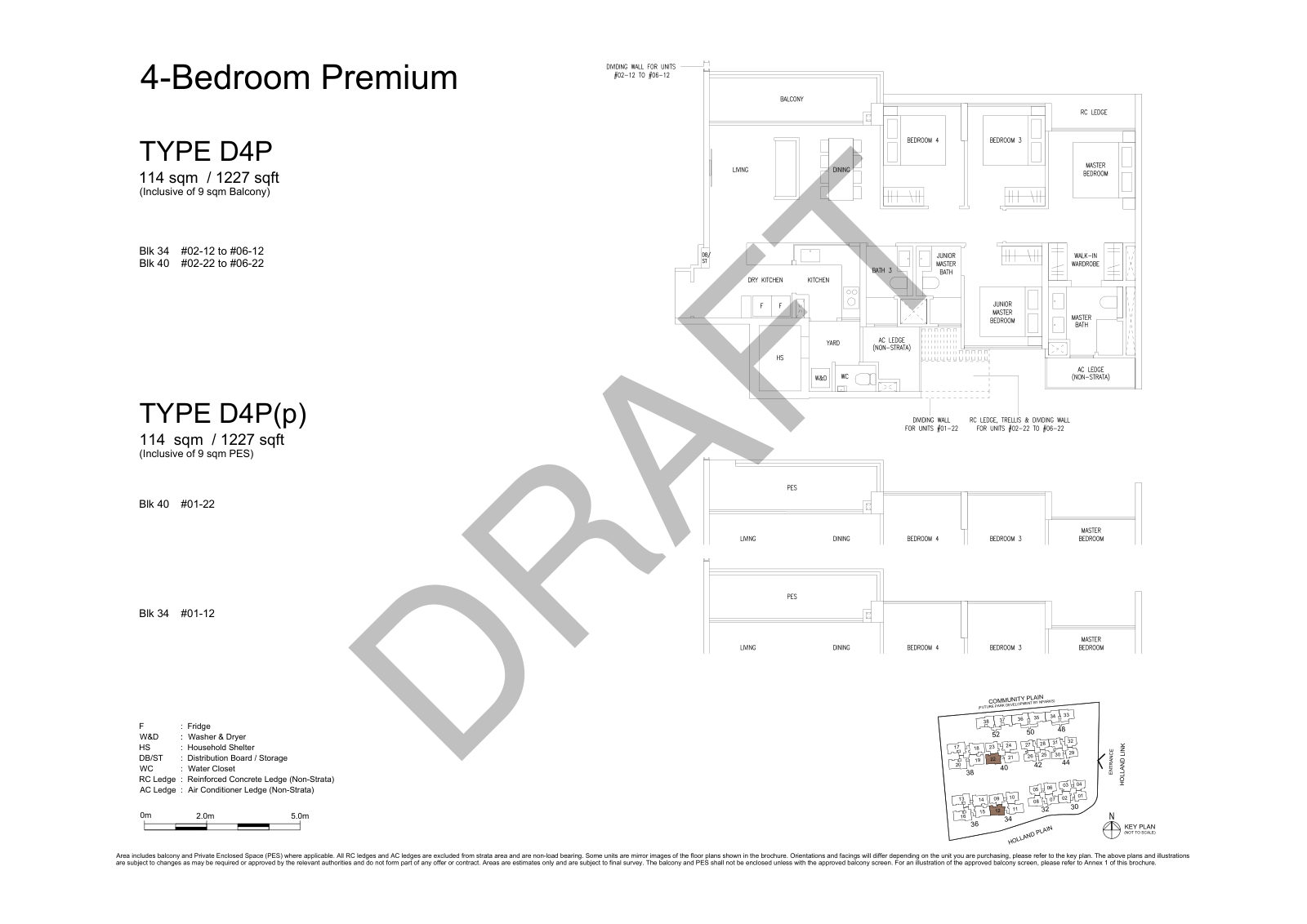 Amberwood at Holland 4-Bedroom Premium Type D4P floor plan, 1,227 sq ft (114 sqm), 12 units in Blk 34 and 40, with key plan