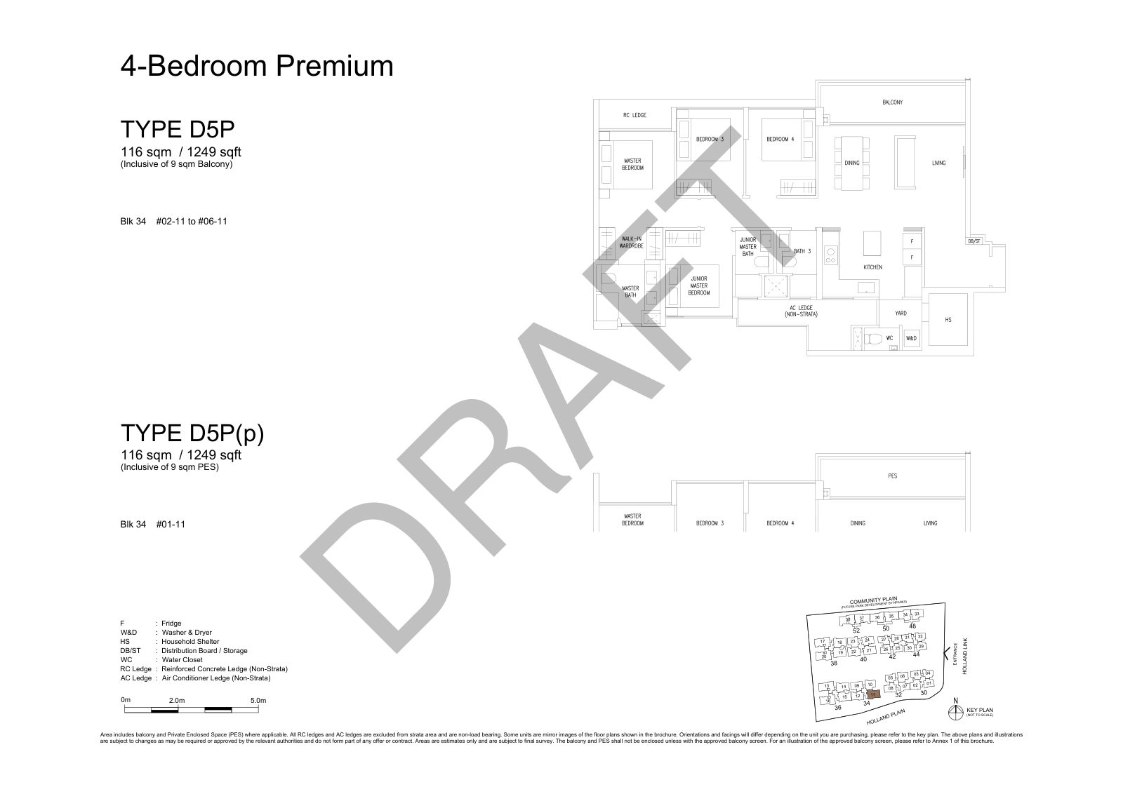 Amberwood at Holland 4-Bedroom Premium Type D5P floor plan, 1,249 sq ft (116 sqm), 6 units in Blk 34, with key plan