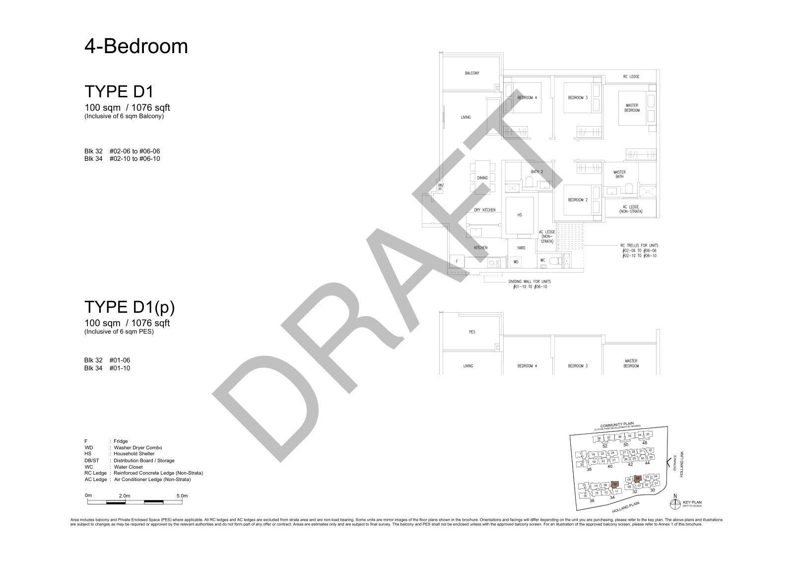 Amberwood at Holland 4-Bedroom Type D1 floor plan, 1,076 sq ft (100 sqm), 12 units in Blk 32 and 34, with key plan