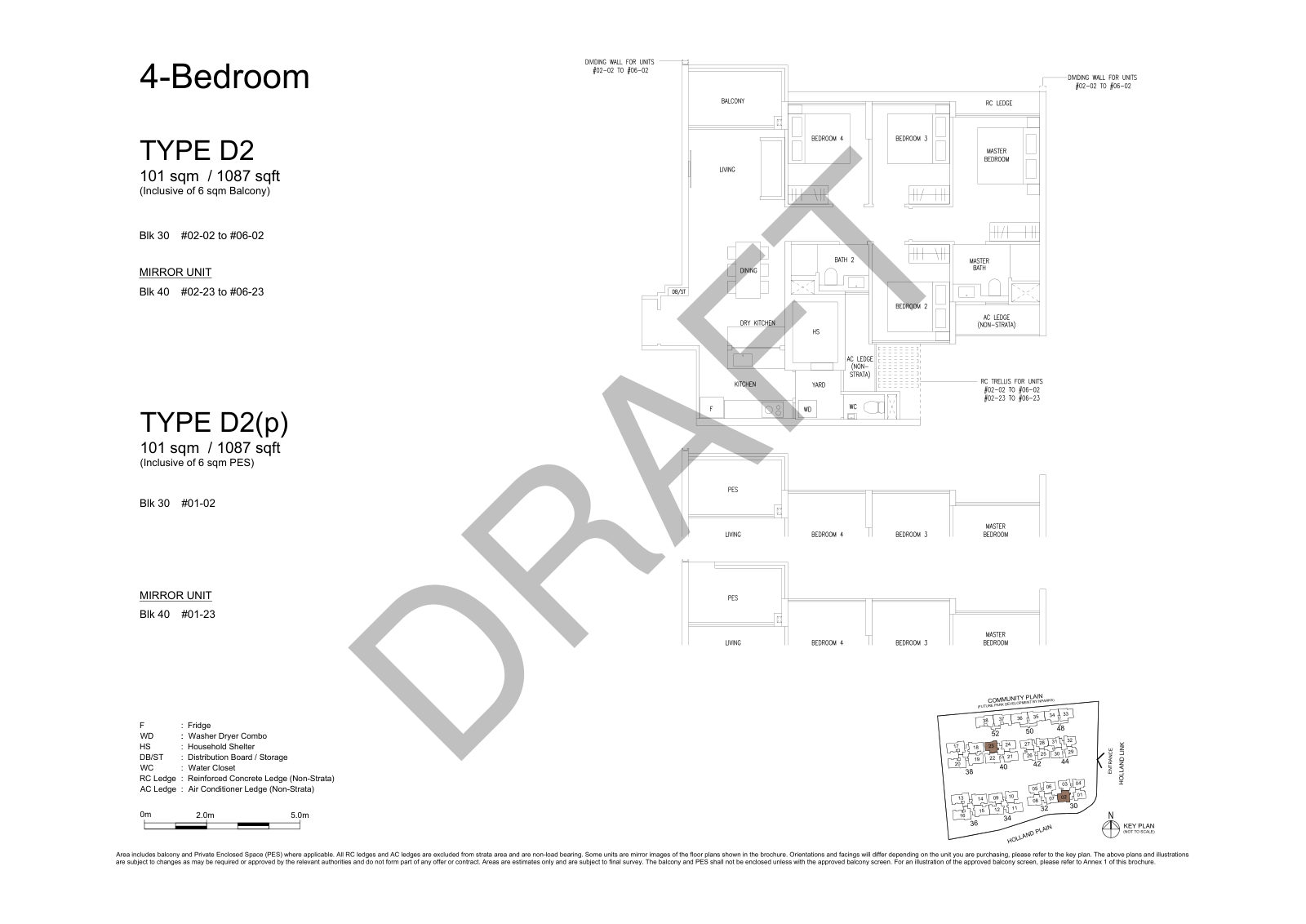 Amberwood at Holland 4-Bedroom Type D2 floor plan, 1,087 sq ft (101 sqm), 12 units in Blk 30 and 40, with key plan
