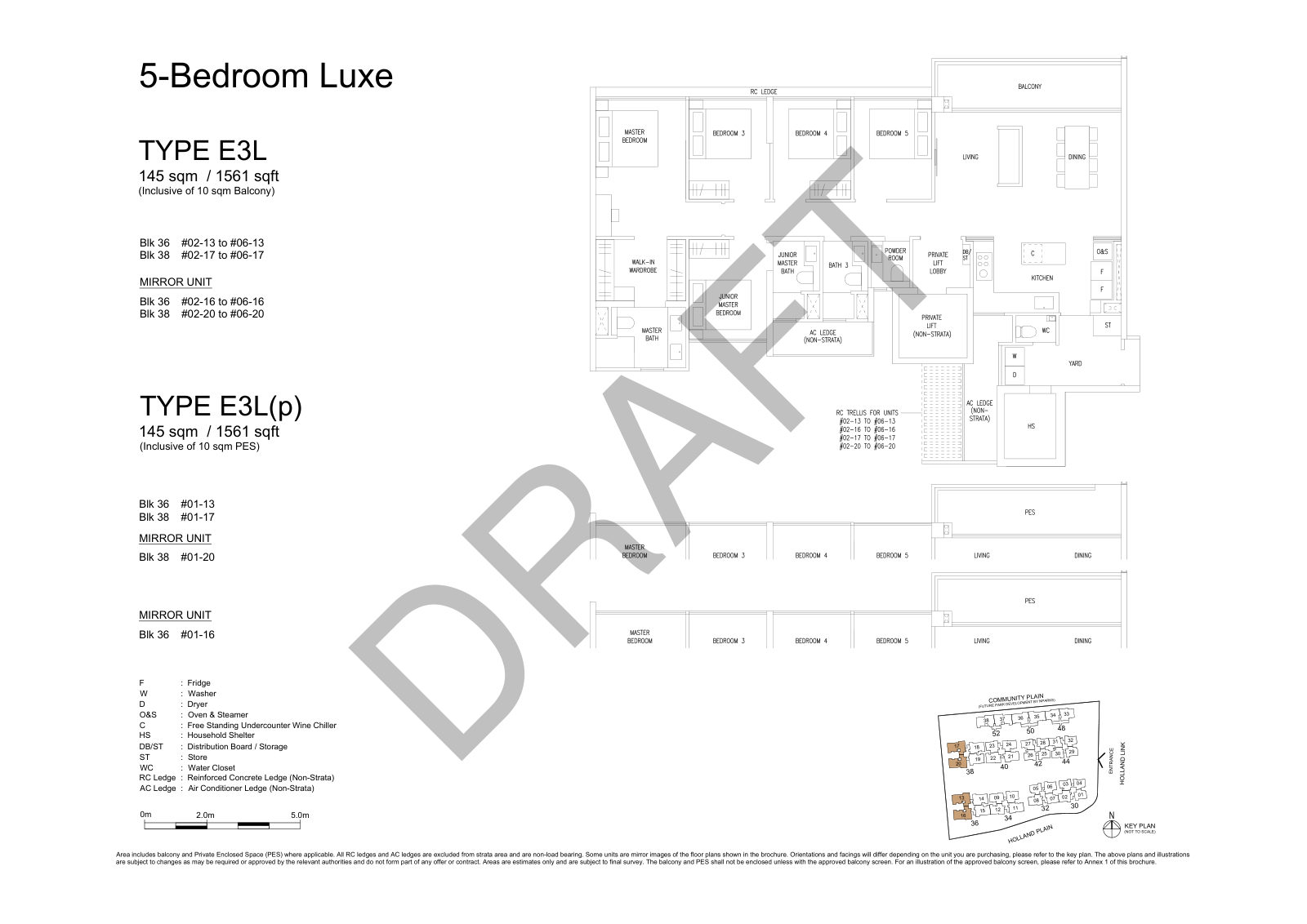 Amberwood at Holland 5-Bedroom Luxe Type E3L floor plan, 1,561 sq ft (145 sqm), 24 units in Blk 36 and 38, with key plan