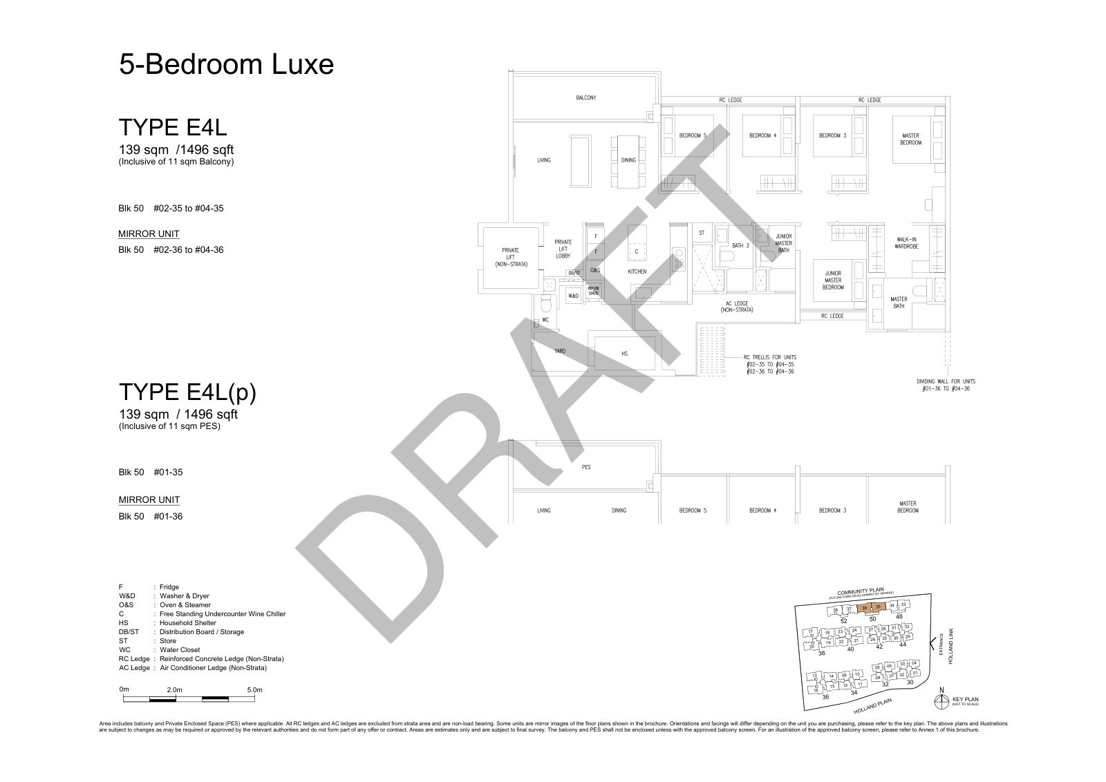 Amberwood at Holland 5-Bedroom Luxe Type E4L floor plan, 1,496 sq ft (139 sqm), 8 units in Blk 50, with key plan