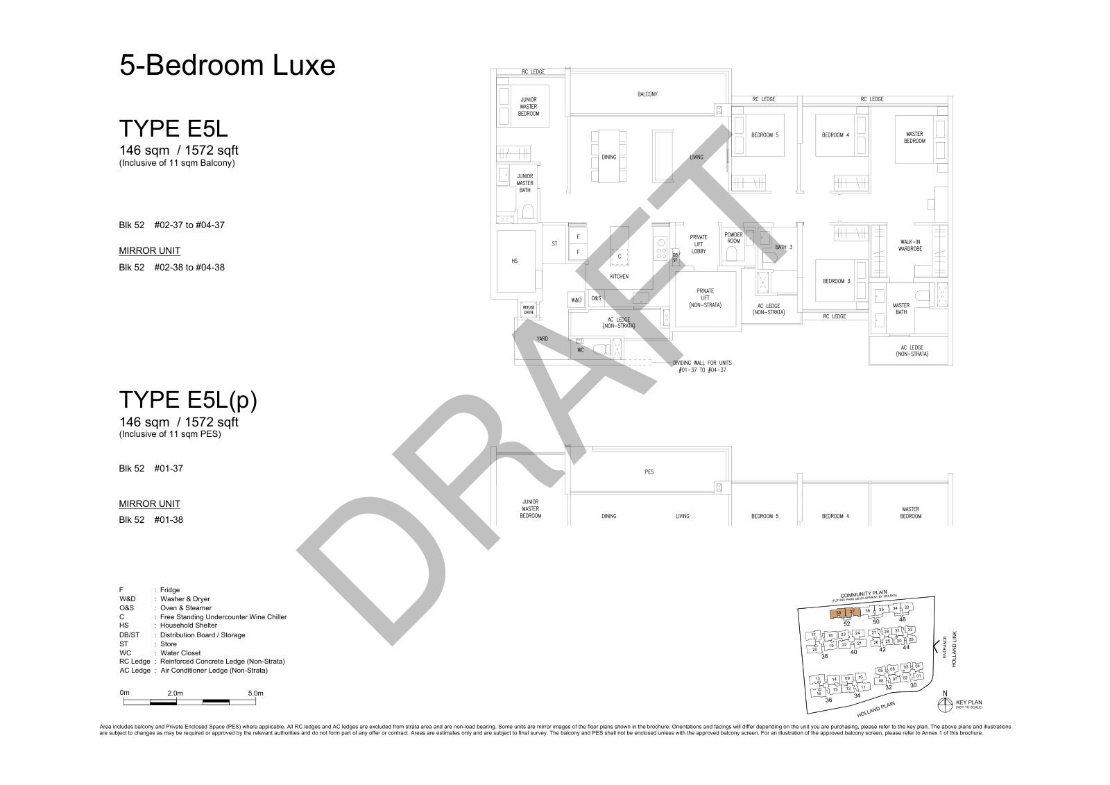 Amberwood at Holland 5-Bedroom Luxe Type E5L floor plan, 1,572 sq ft (146 sqm), 8 units in Blk 52, with key plan