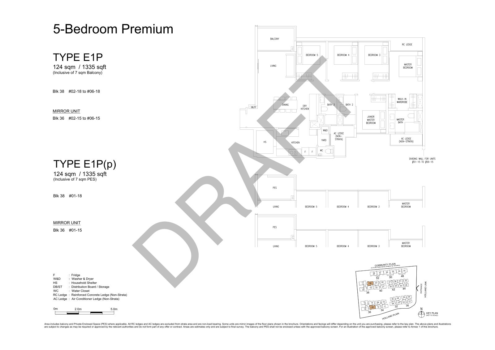 Amberwood at Holland 5-Bedroom Premium Type E1P floor plan, 1,335 sq ft (124 sqm), 12 units in Blk 36 and 38, with key plan