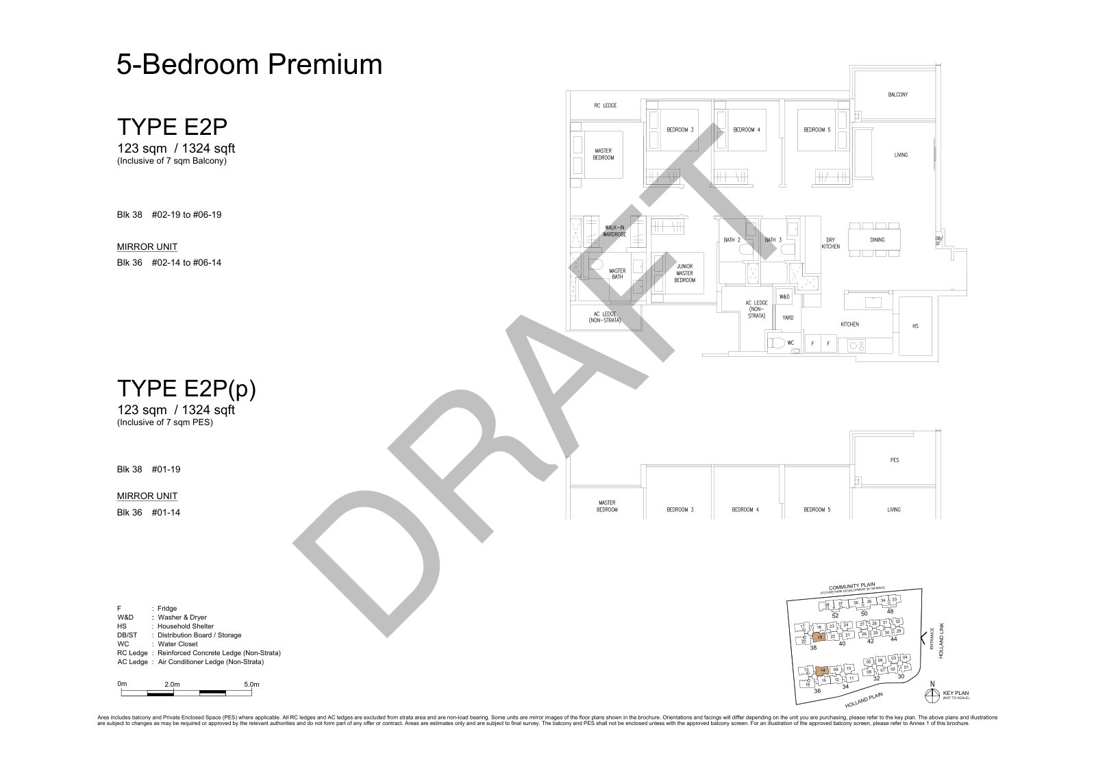 Amberwood at Holland 5-Bedroom Premium Type E2P floor plan, 1,324 sq ft (123 sqm), 12 units in Blk 36 and 38, with key plan