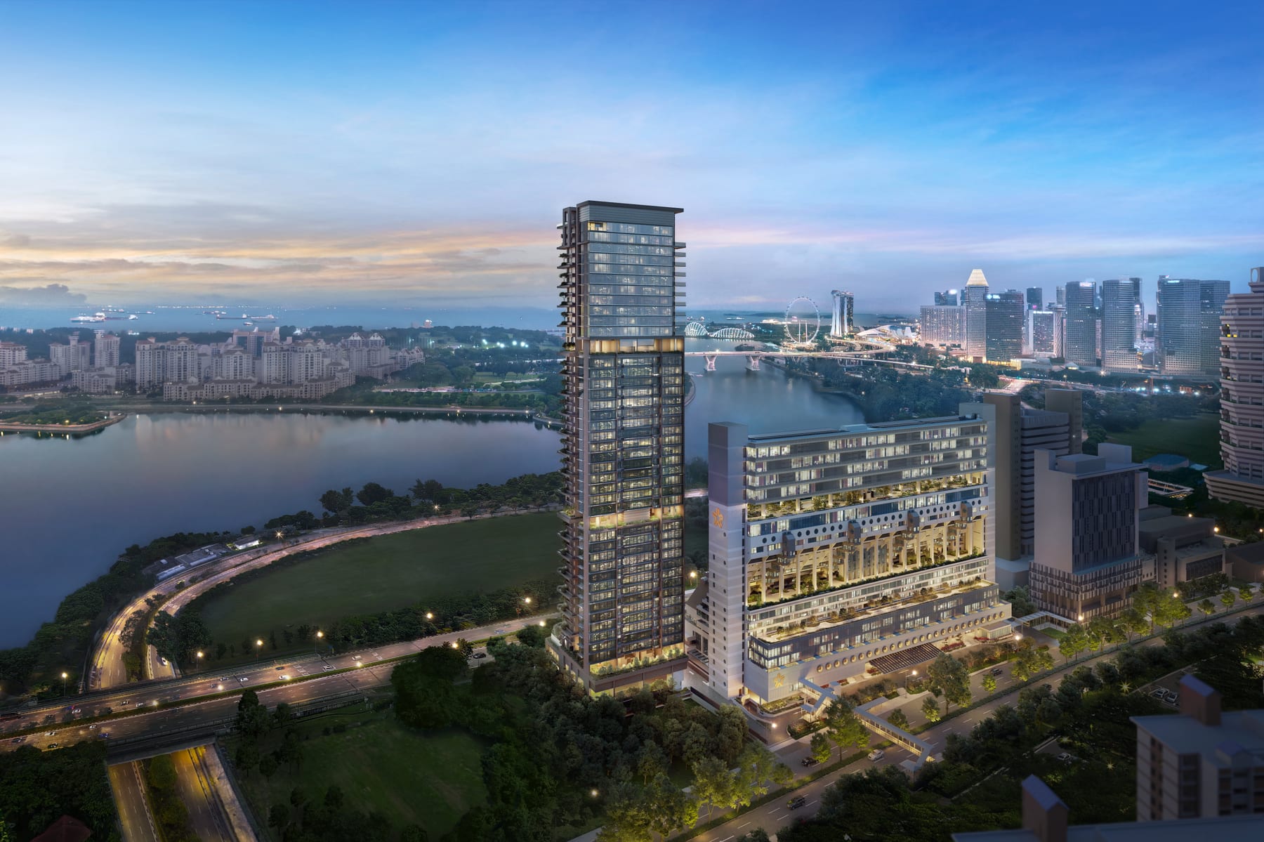 Aurea — aerial view from beach road dusk. Artist's impression.