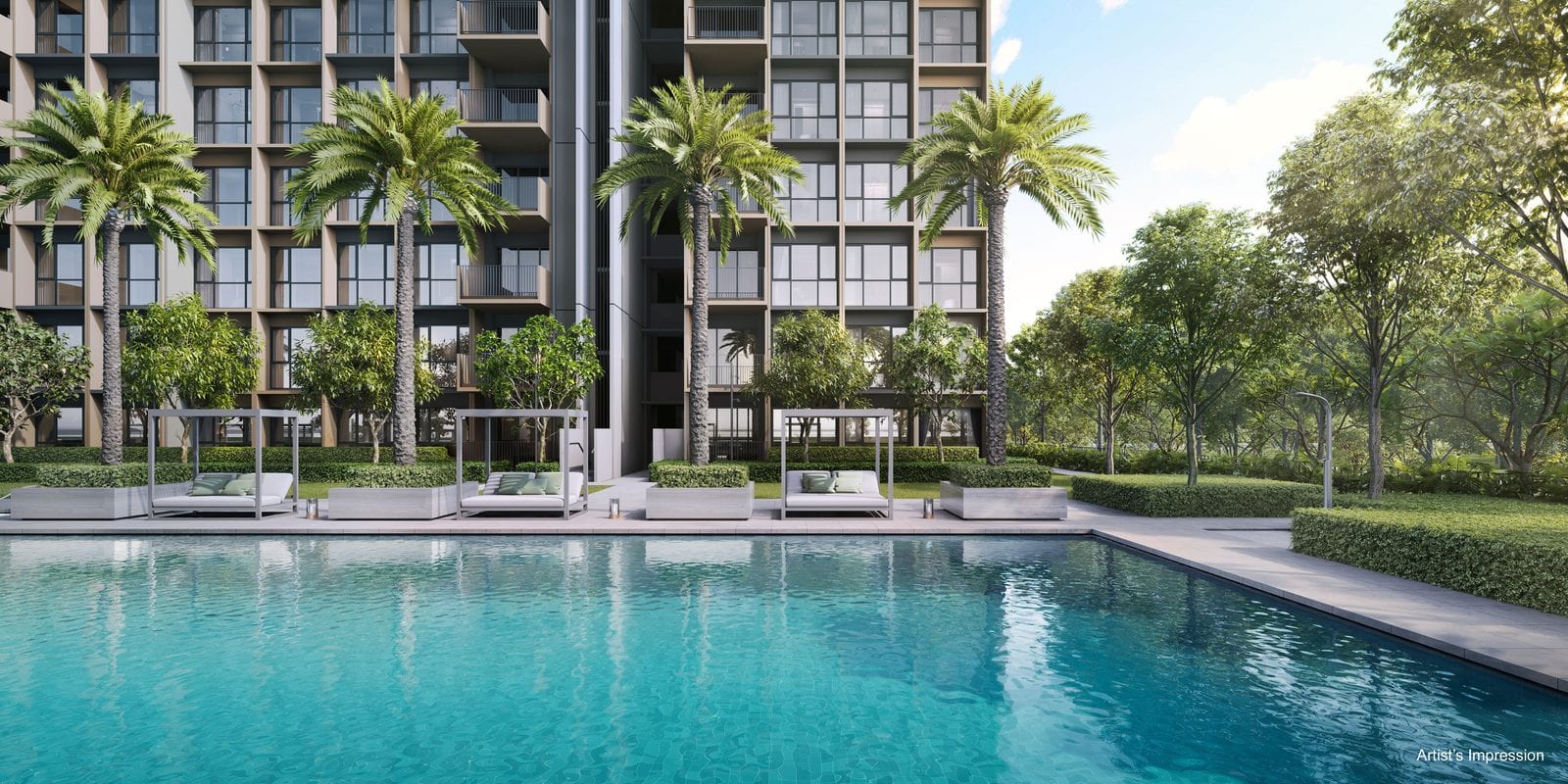 One of the two 50-metre pools at Coastal Cabana EC, with daybeds, palms and the residential blocks behind