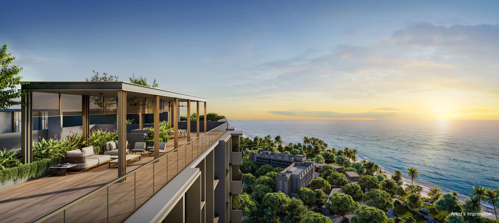 The Upper Deck roof terrace at Coastal Cabana EC at sunset, looking north over Pasir Ris Park towards the sea