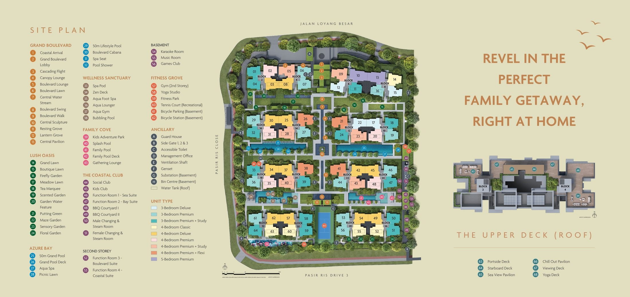 Coastal Cabana EC site plan showing 16 blocks, the nine unit types colour-coded, and facilities across Grand Boulevard, Lush Oasis, Azure Bay, Wellness Sanctuary, Family Cove and the Upper Deck