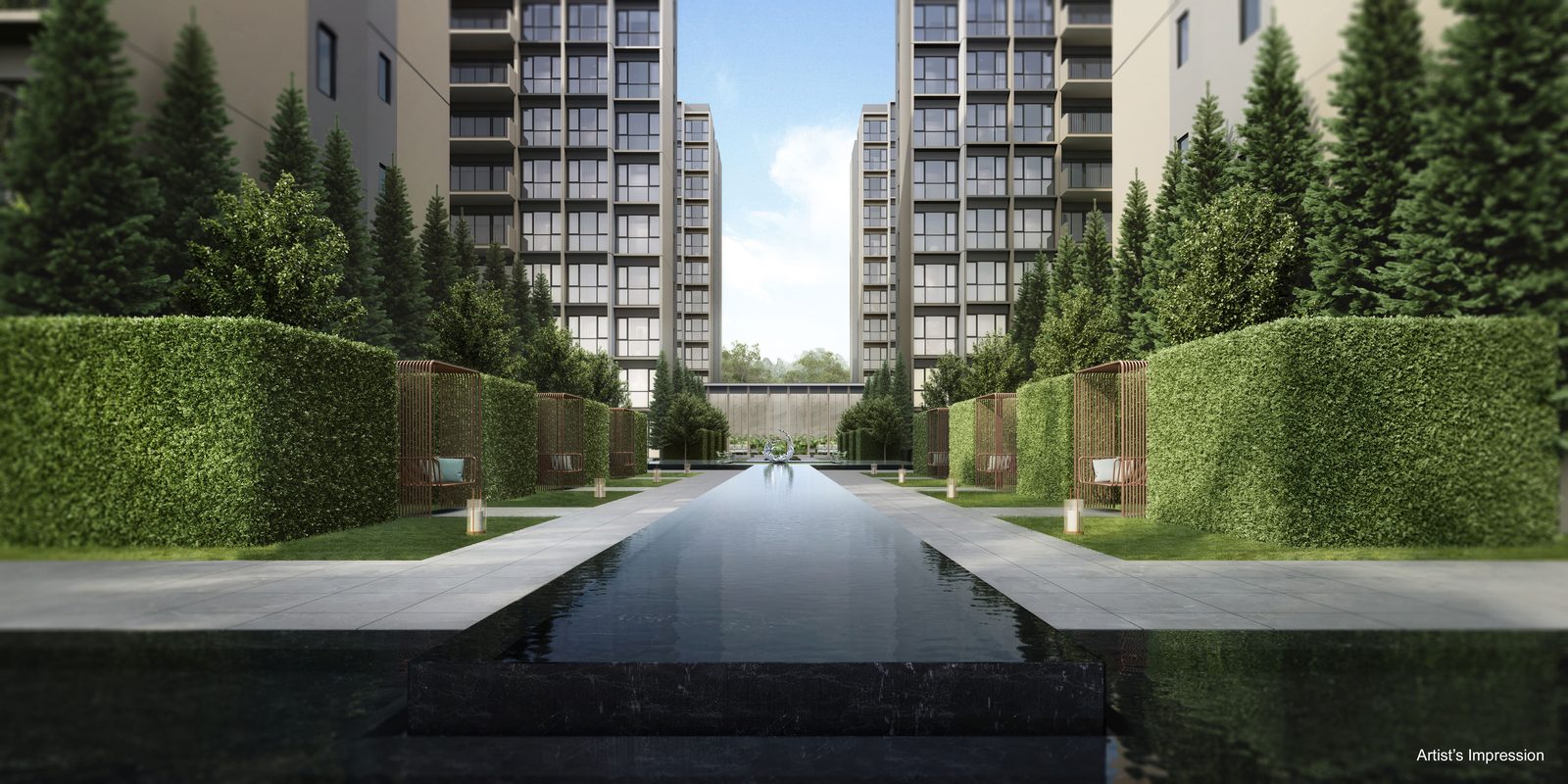 The central water axis at Coastal Cabana EC looking between two residential blocks, framed by clipped hedges and cabana seats