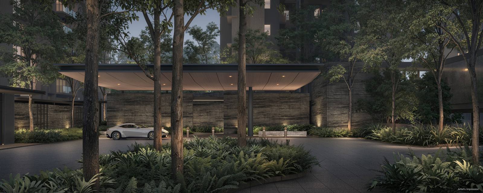 The Grand Arrival court at Dunearn House, with the drop-off canopy and landscaped forecourt off Dunearn Road