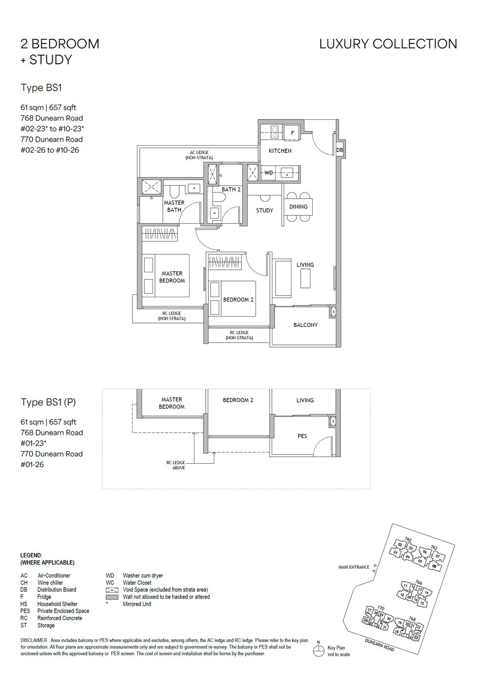 Dunearn House floor plan, type BS1 — 2 Bedroom + Study