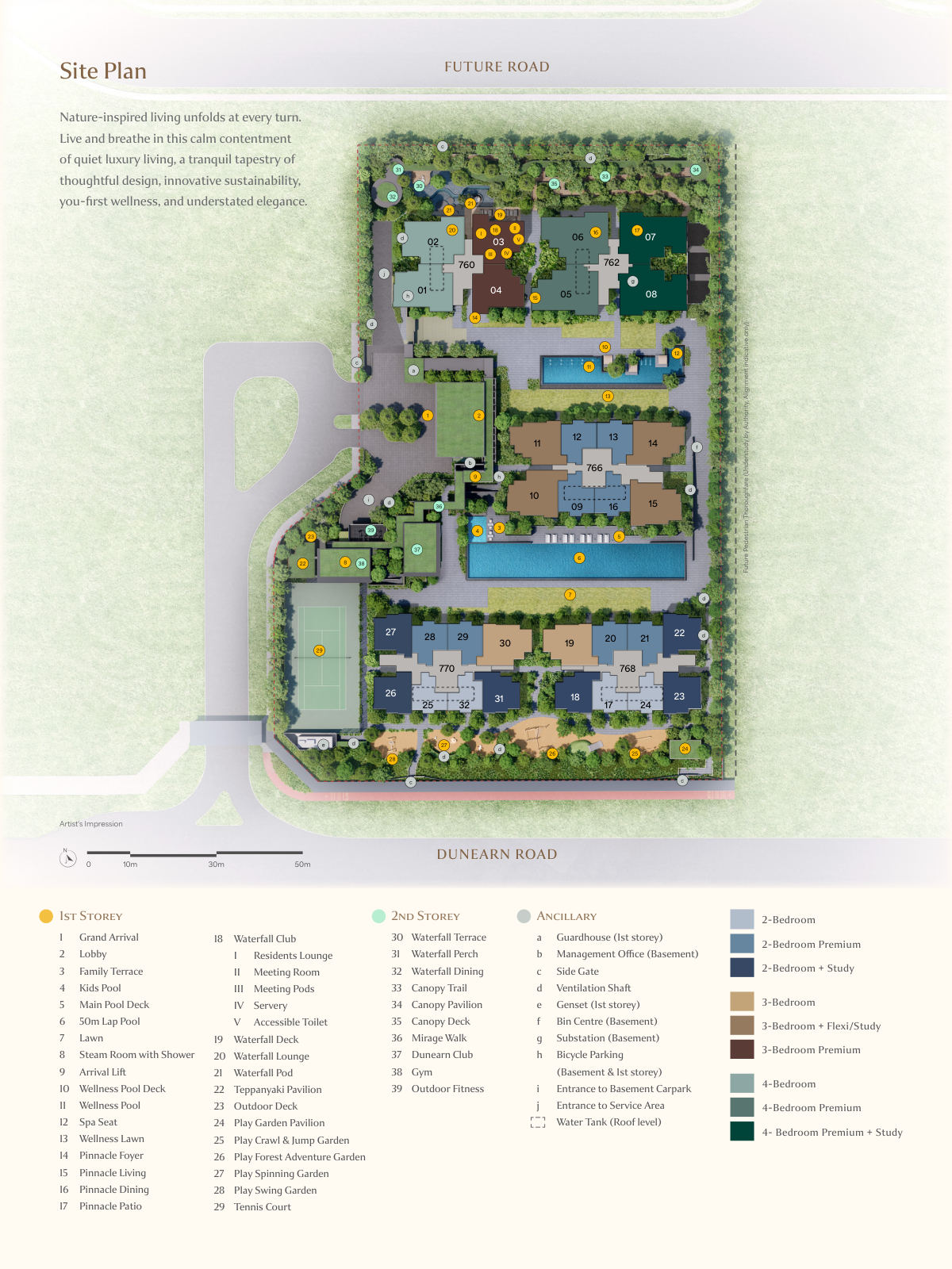 Dunearn House site plan showing the five blocks 760 to 770 Dunearn Road, the 50m lap pool, tennis court, Waterfall Club and the unit-type colour key