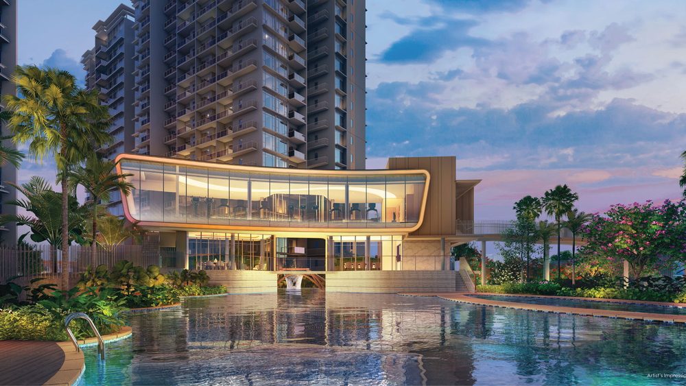 Grand Dunman — Pool clubhouse at dusk. Artist's impression.