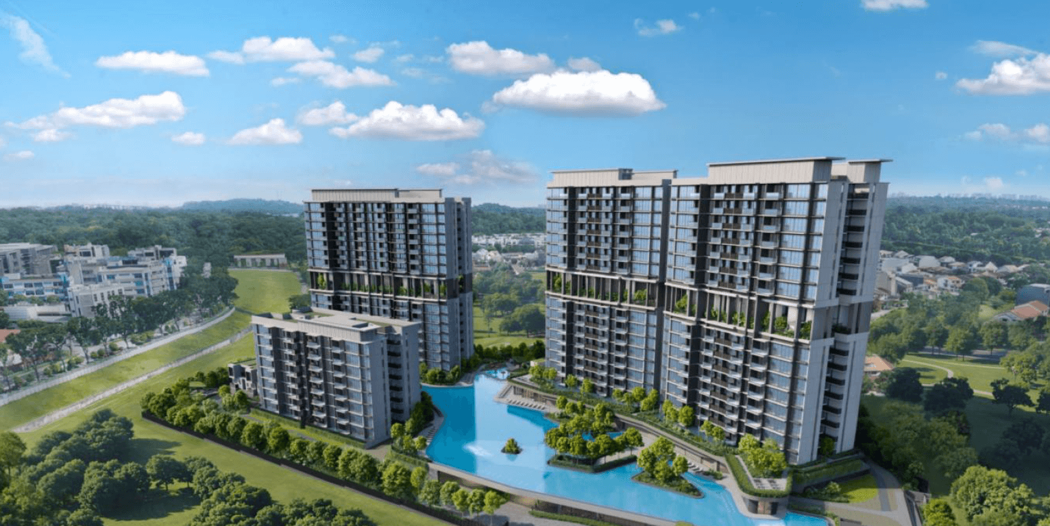 Lentor Gardens Residences &mdash; The view across the pool deck to the blocks beyond. Artist&rsquo;s impression.