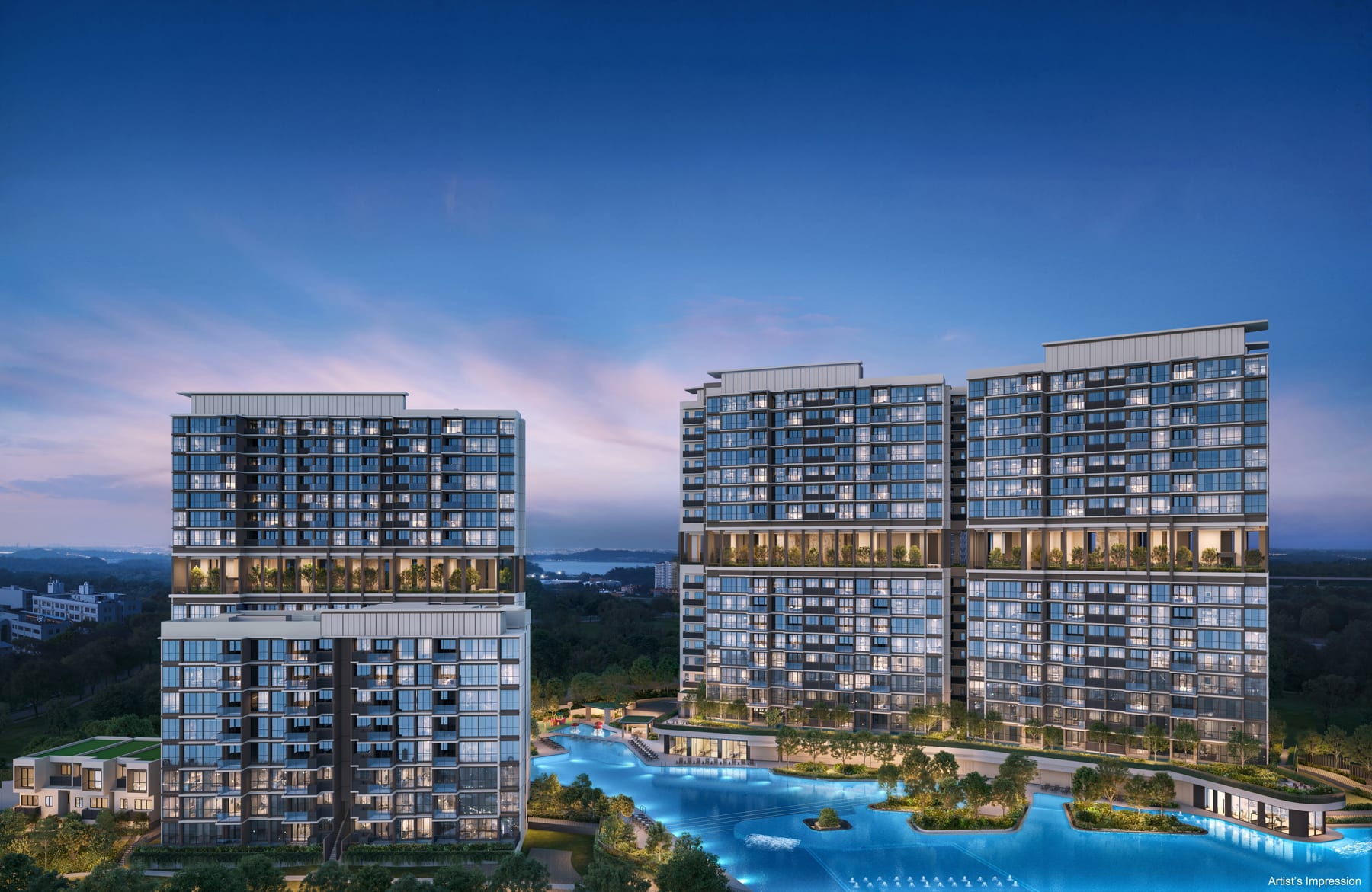 Lentor Gardens Residences &mdash; The blocks at dusk, seen from the Lentor Hills side. Artist&rsquo;s impression.