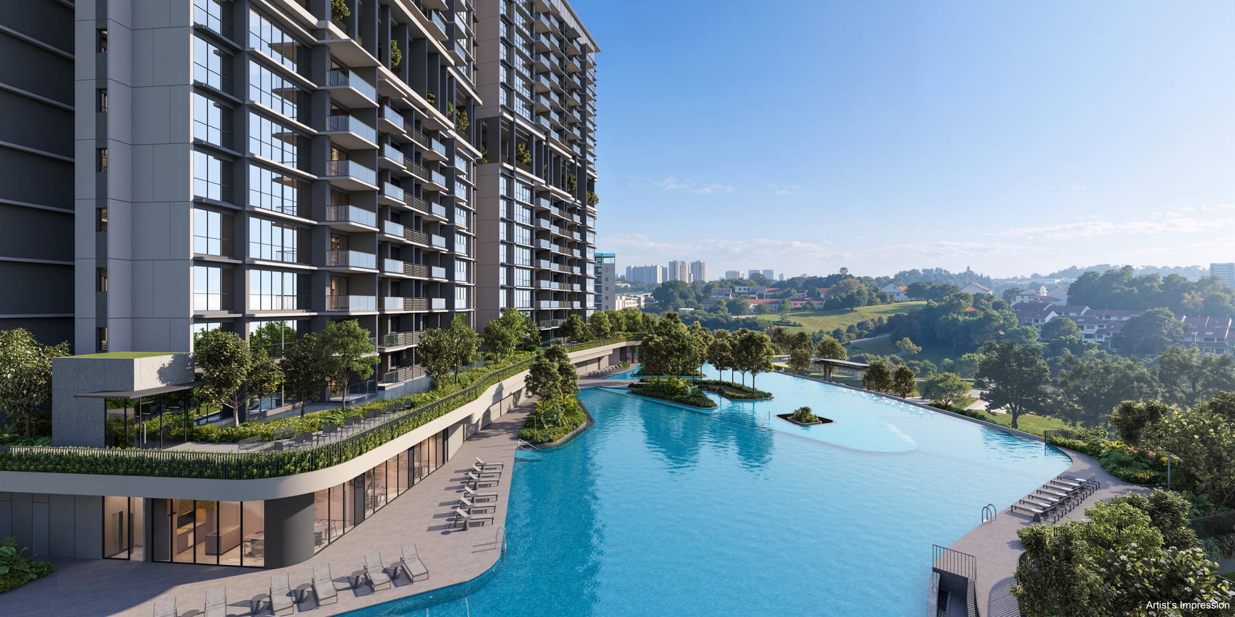 Lentor Gardens Residences &mdash; The lap pool and the terrace stacks above it. Artist&rsquo;s impression.