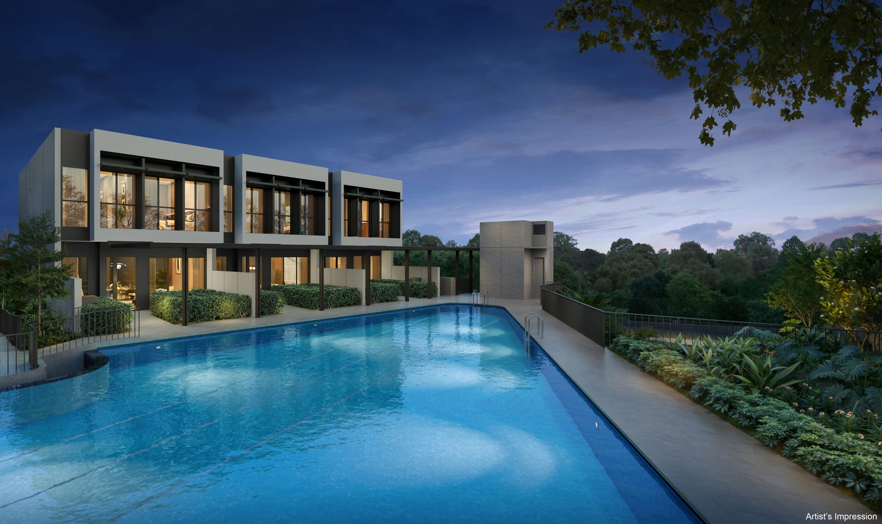 Lentor Gardens Residences &mdash; The pool at dusk, looking back at the towers. Artist&rsquo;s impression.