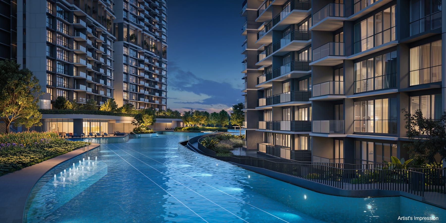 Lentor Gardens Residences &mdash; The arrival approach and the landscaped frontage. Artist&rsquo;s impression.