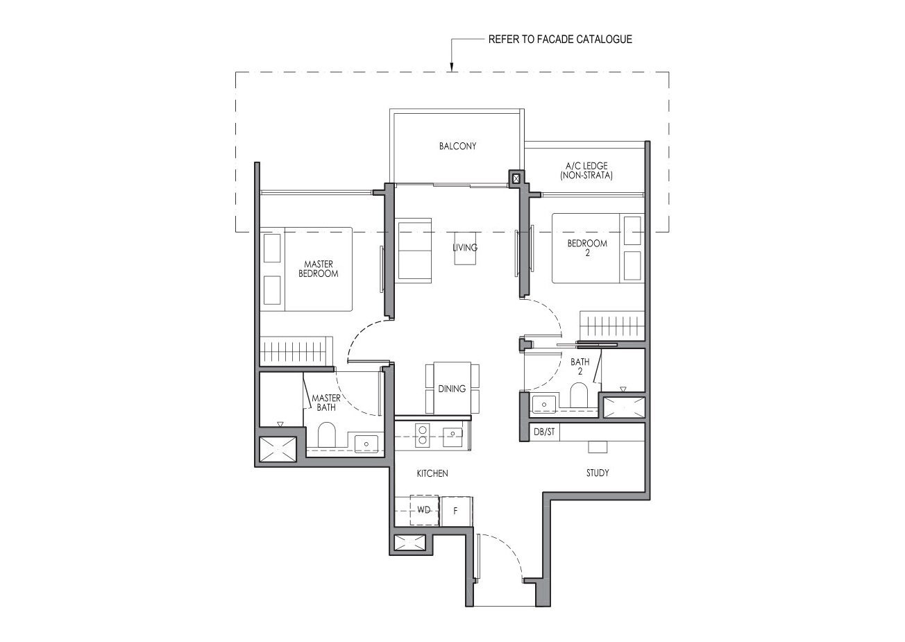 Lucerne Grand B2S floor plan, 2 Bedroom + Study, 62 sqm / 667 sq ft