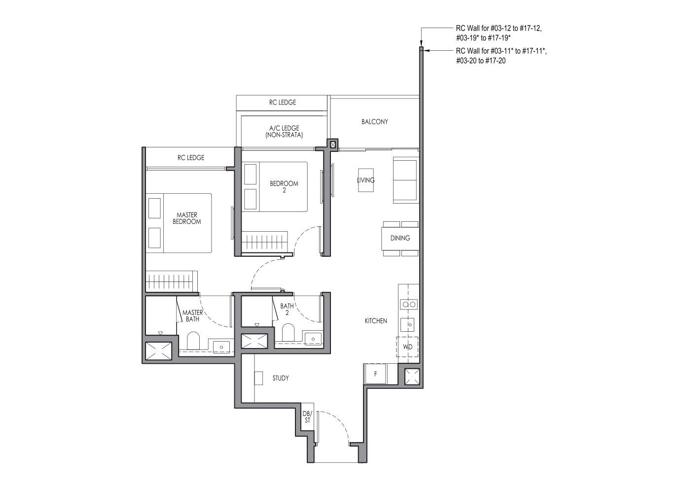 Lucerne Grand B3S floor plan, 2 Bedroom + Study, 66 sqm / 710 sq ft